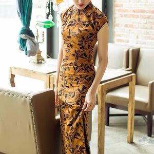 Golden Mustard Floral Cheongsam Maxi Dress